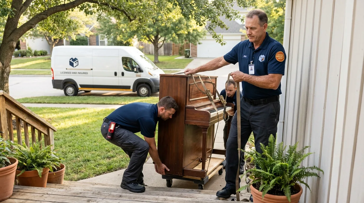 Licensed piano movers securing grand piano in Valrico, FL
