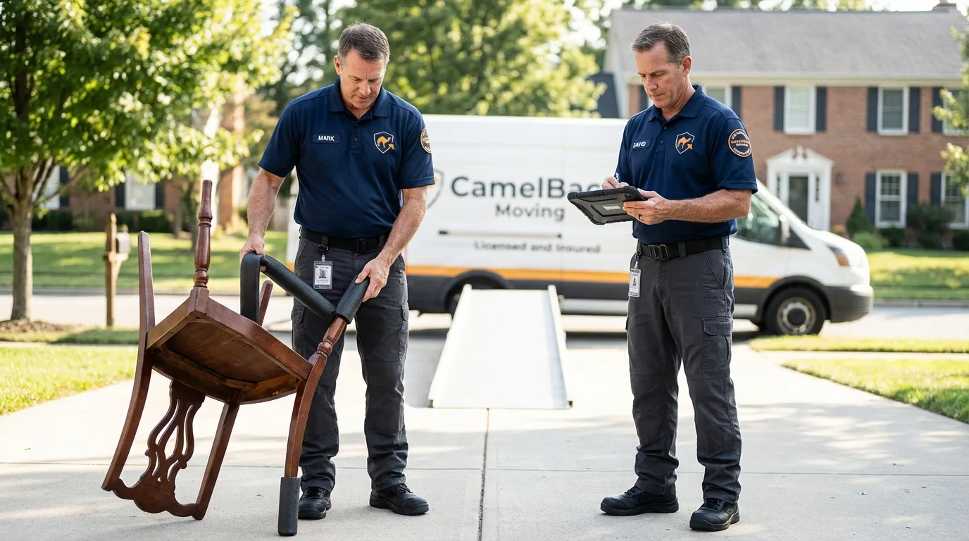 Movers inspecting furniture for damage prevention before loading in Valrico, FL