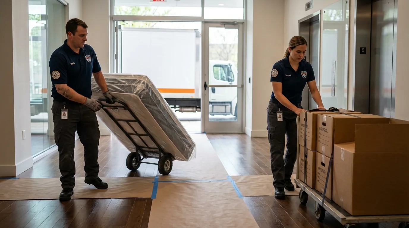 Professional apartment movers loading elevator in Valrico, FL